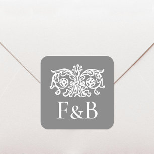 Monogram Wedding Ornate Floral Dark Grey Square Sticker
