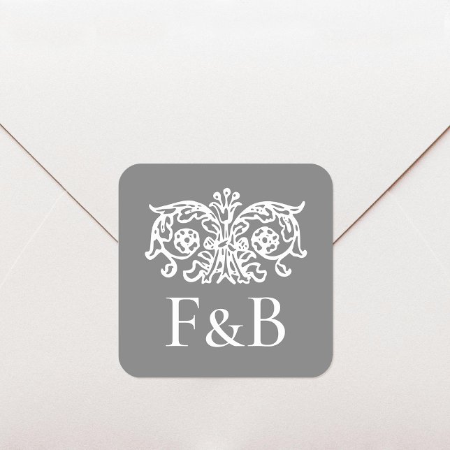Monogram Wedding Ornate Floral Dark Grey Square Sticker (Creator Uploaded)