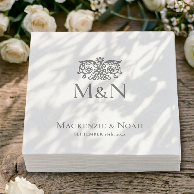 Monogram Wedding Ornate Floral Grey Paper Napkin (Creator Uploaded)
