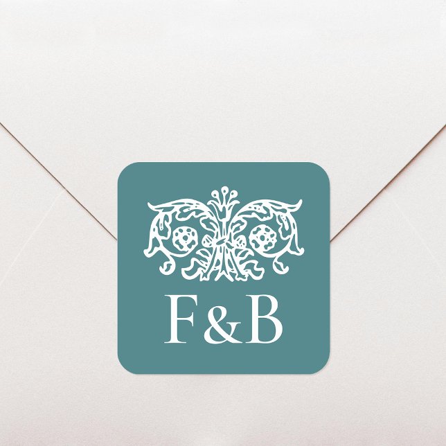 Monogram Wedding Ornate Floral Teal Green Square Sticker (Creator Uploaded)