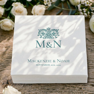 Monogram Wedding Ornate Floral Teal Paper Napkin