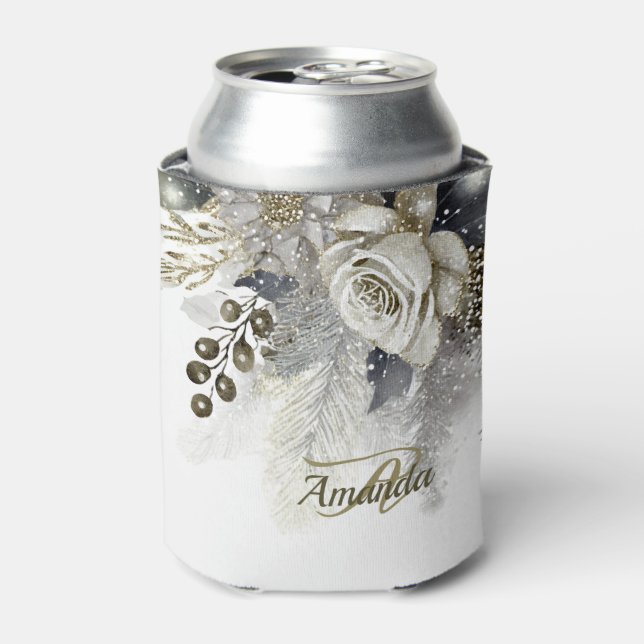 Monogram Wedding Party Silver Golden White Roses Can Cooler (Can Front)