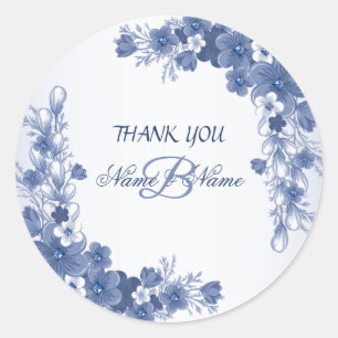 Monogram Wedding Party Thank You Gift Floral Blue Classic Round Sticker