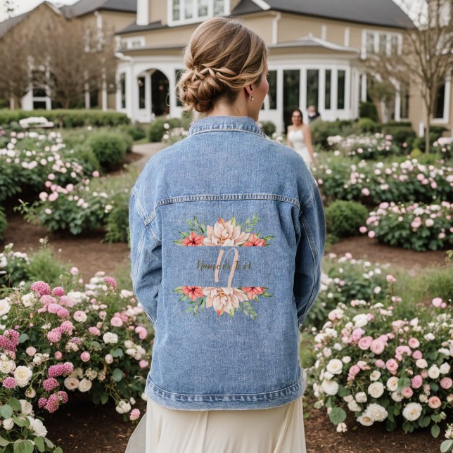 Monogram Wedding Peach Orange Floral  Denim Jacket (Wedding Back)