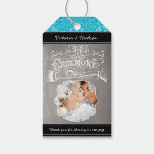 Monogram Wedding Photo Aqua Teal Damask Pattern Gift Tags