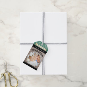 Monogram Wedding Photo Green Damask Pattern Gift Tags