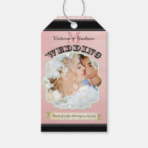 Monogram Wedding Photo Pink Damask Pattern Gift Tags