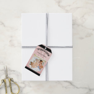 Monogram Wedding Photo Pink Damask Pattern Gift Tags