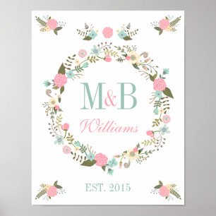Monogram wedding poster print Floral boho wedding