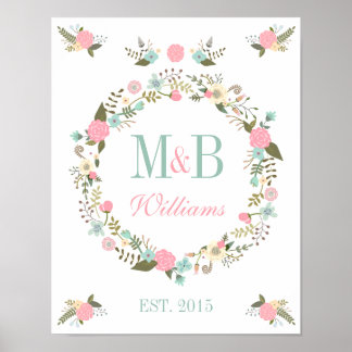 Monogram wedding poster print Floral boho wedding
