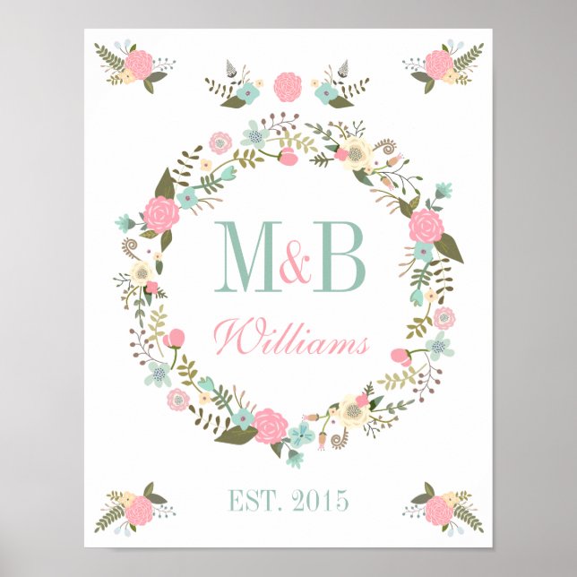 Monogram wedding poster print Floral boho wedding (Front)