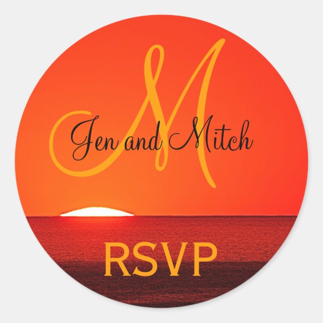 Monogram Wedding RSVP Sunset Photo Classic Round Sticker (Front)