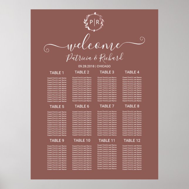Monogram Wedding Seating Chart Sign Foam Board (Front)