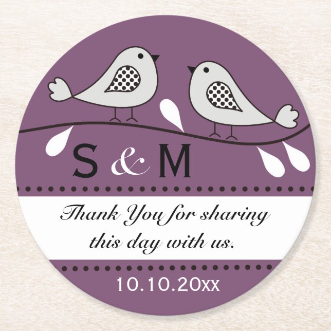Monogram Wedding Thank You Purple Love Birds Round Paper Coaster (Front)