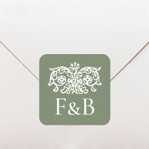 Monogram Wedding Vintage Flower Green Square Sticker