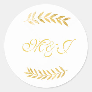 Monogram Wedding Warm Golden Leaves Classic Round Sticker