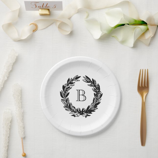 Monogram Wedding Wreath Illustration Paper Plate (Wedding)