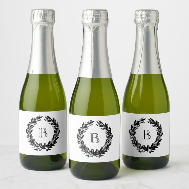 Monogram Wedding Wreath Illustration Sparkling Wine Label (Bottles)