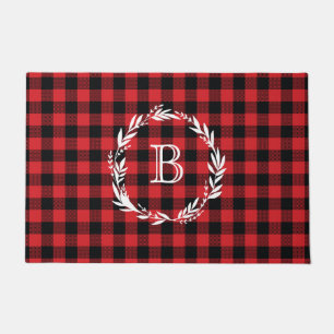 Monogram Welcome Wreath Buffalo Check Pattern Doormat