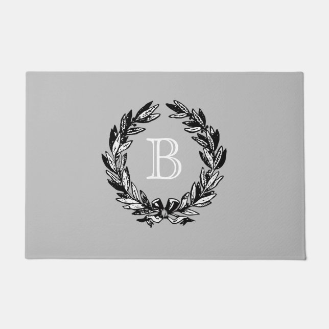 Monogram Welcome Wreath Grey Autumn Doormat (Front)