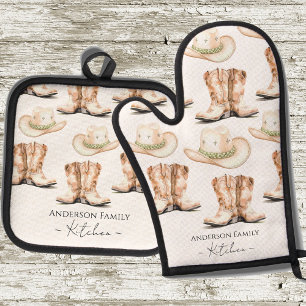 Monogram Western Boots and Cowboy hats Oven Mitt & Pot Holder Set