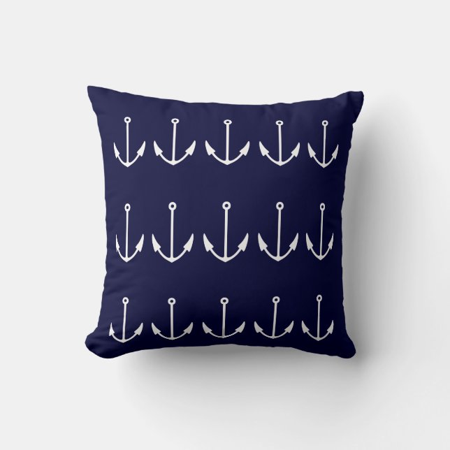 monogram WHALE TAIL ANCHORS WHITE on BLUE Cushion (Front)