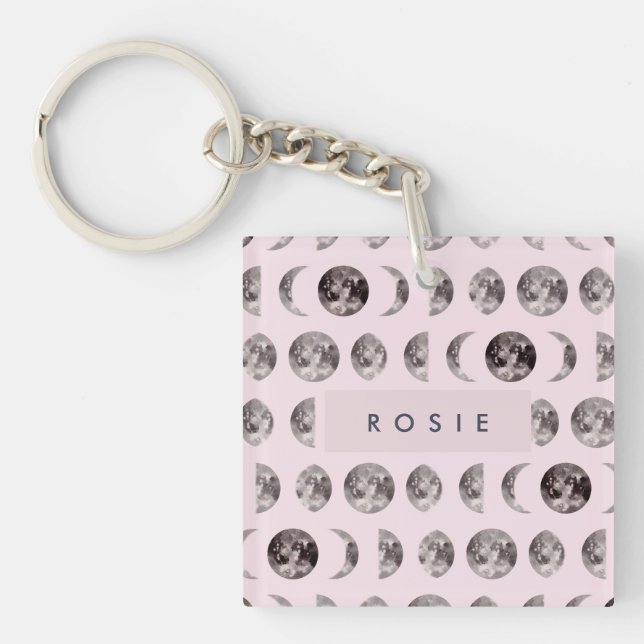 Monogram Whimsical Dreamy Moon Phases Gifts Key Ring (Front)