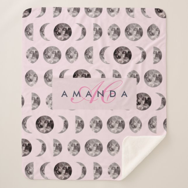 Monogram Whimsical Dreamy Moon Phases Gifts Sherpa Blanket (Front)