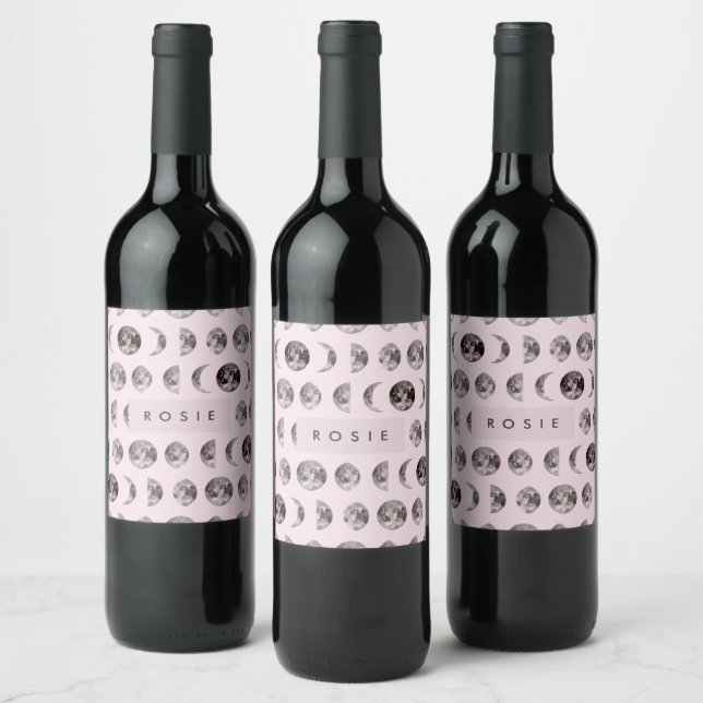 Monogram Whimsical Dreamy Moon Phases Gifts Wine Label (Bottles)