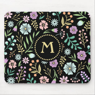 Monogram Whimsical Flowers on Black Mousepad