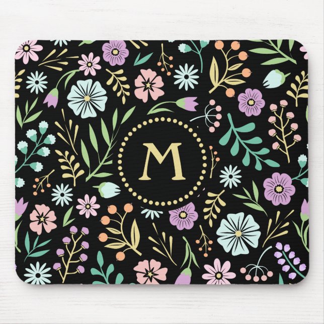Monogram Whimsical Flowers on Black Mousepad (Front)