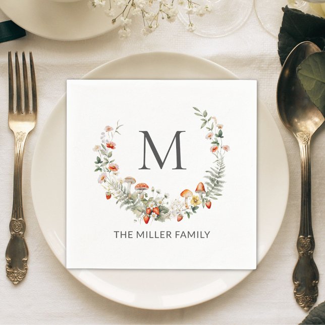 Monogram Whimsical Watercolor Floral Botanical  Napkin (In situ)