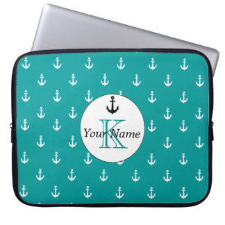 Monogram White Anchor Monogram Pattern Sea Green Laptop Sleeve