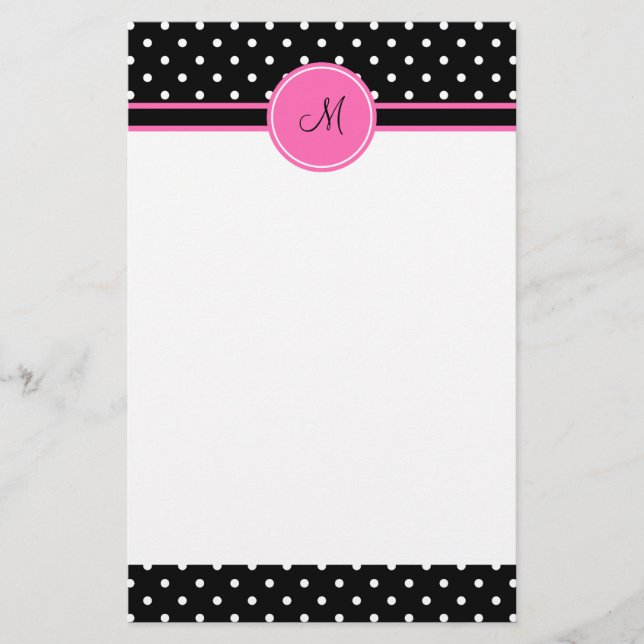 Monogram White and Black Polka Dot Pattern Stationery (Front)