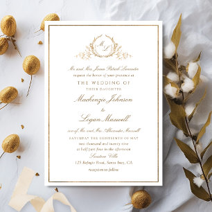 Monogram White and Gold Formal Elegant Wedding Invitation