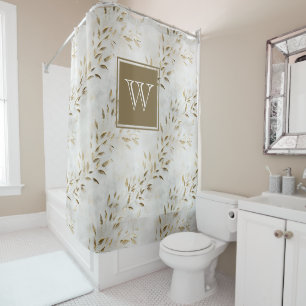 Monogram White and Gold Olive Branch Plaster Shower Curtain