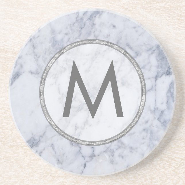 Monogram White And Grey Marble Stone Texture Coaster (Front)