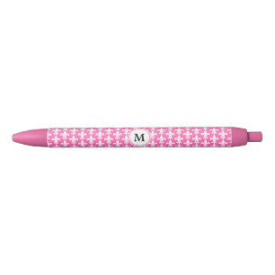 Monogram White and Hot Pink Fleur de Lis Pattern Black Ink Pen