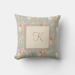 Monogram White and Pink Blush Roses on Blue  Cushion