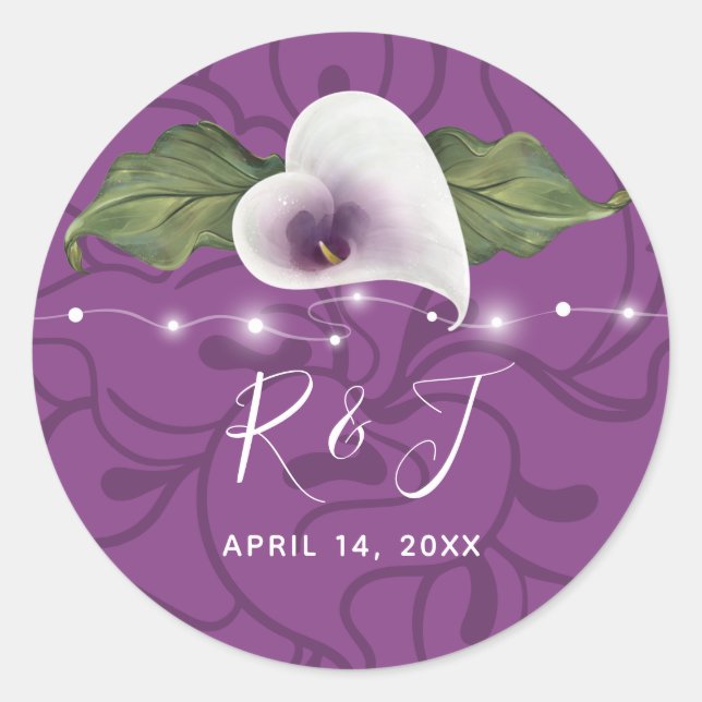 Monogram White and Purple Calla Lily Wedding Classic Round Sticker (Front)