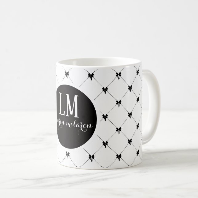 Monogram White & Black Bow Script Coffee Mug (Front Right)