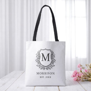 Monogram White Black Crest Botanical Wedding Tote Bag