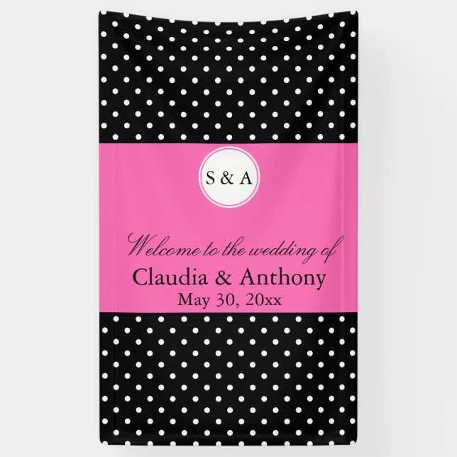 Monogram White Black, Hot Pink Polka Dot Wedding Banner (Vertical)