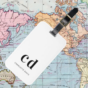 Monogram white black name initials elegant  luggage tag