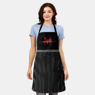 Monogram White Black Pinstripe Red Initial Apron