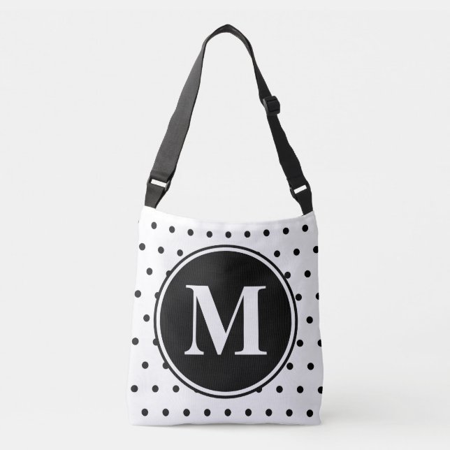 Monogram White Black Polka Dots Quote Crossbody Bag (Front)