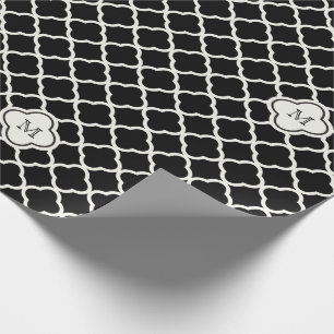 Monogram White & Black Quatrefoil Pattern Wedding Wrapping Paper