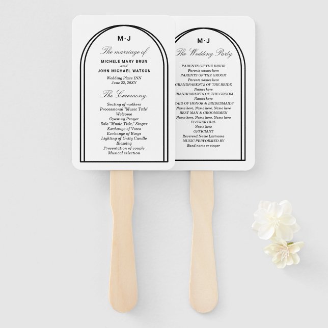 Monogram White Black Simple Arch Wedding Program Hand Fan (Front and Back)