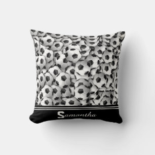 Monogram White & Black Soccer Foot Ball Pattern Cushion