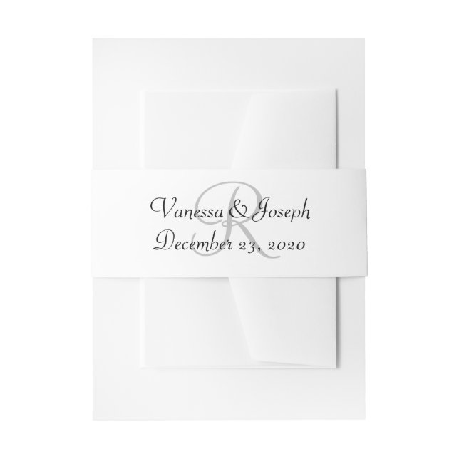Monogram White Black Wedding Invitation Belly Band (Front Example)